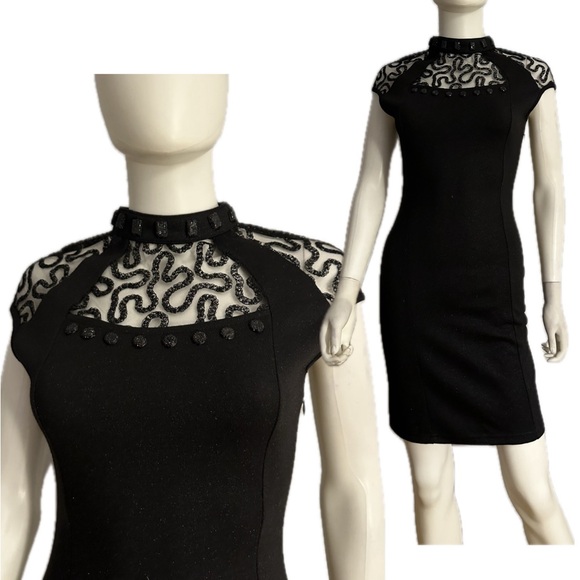 Black Cocktail‎ Dress Sequin Beaded Mock Neck Sheer Cap Sleeve Fitted Bodycon - Picture 1 of 16